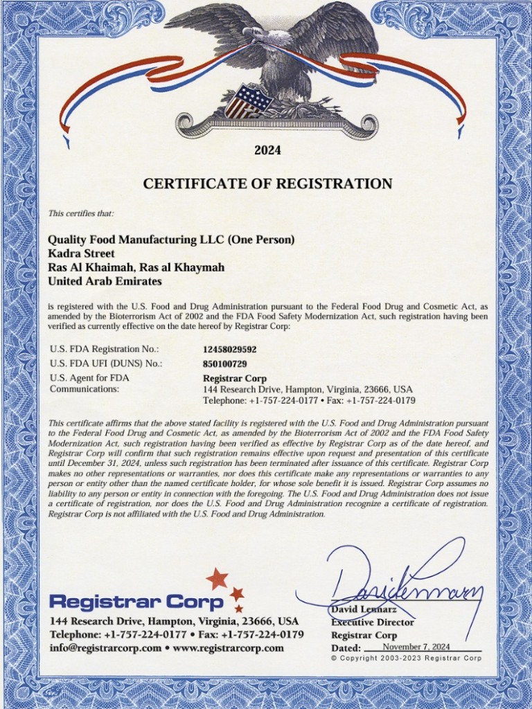 US FDA Registration Certificate